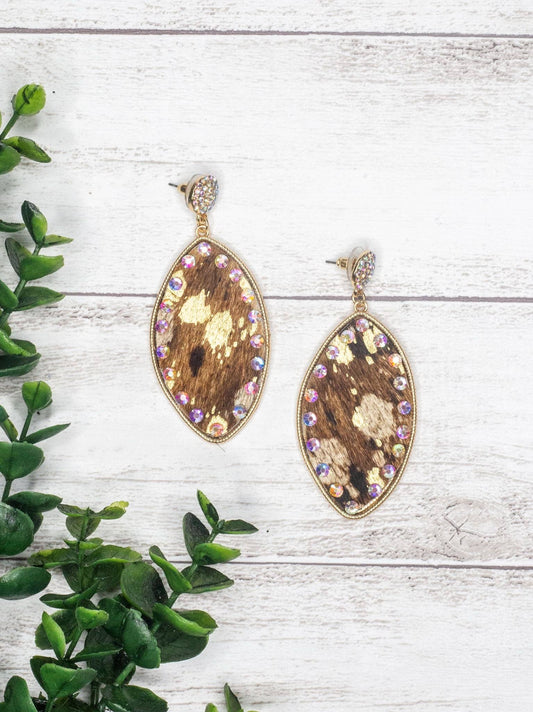 Buck Wild Rodeo Babe Gold Brown Cowhide Oval Crystal Earrings: Brown / One Size