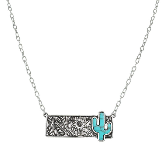 Western Turquoise Cactus Bar Pendant Necklace