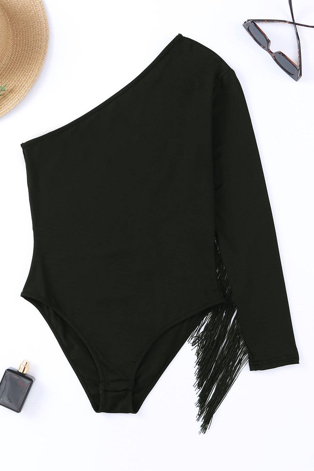 Black One Shoulder Fringed Long Sleeve Bodysuit: Black / M / 95%Polyester+5%Elastane