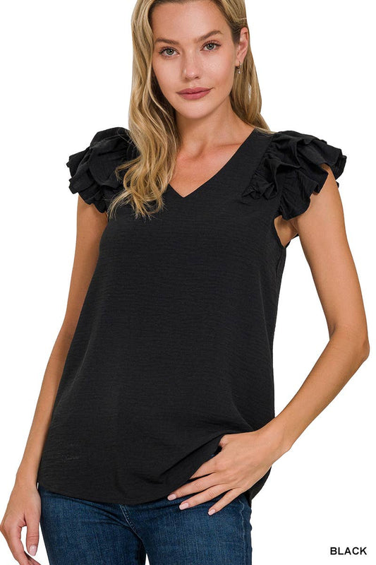 ,.._ SI-25823 WOVEN AIRFLOW TIERED RUFFLE SLEEVE TOP: BLACK-164570 / S