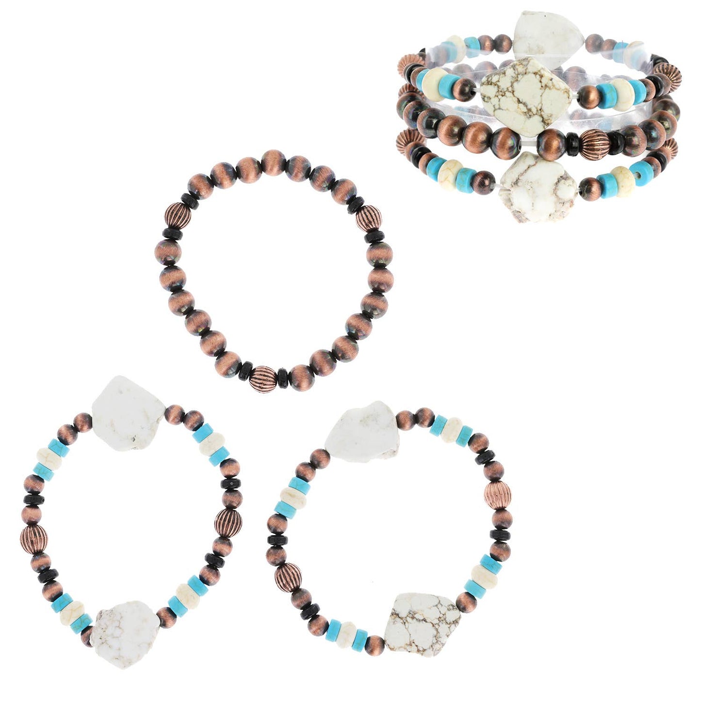 Semi Stone & Mix Navajo Pearl Beaded 3 Pack Bracelet Set: Silver Turquoise Red