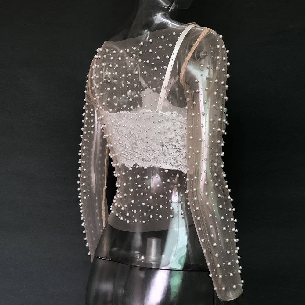 Pearl rhinestone studded sheer mesh see through T-shirt top: White / M