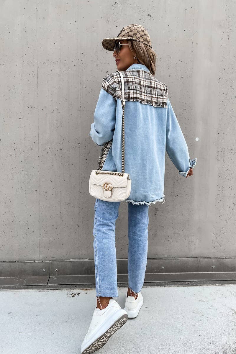 WOMEN DENIM PATCHWORK PLAID JACKET_CWJJ0050: LIGHTBLUE / (L) 1