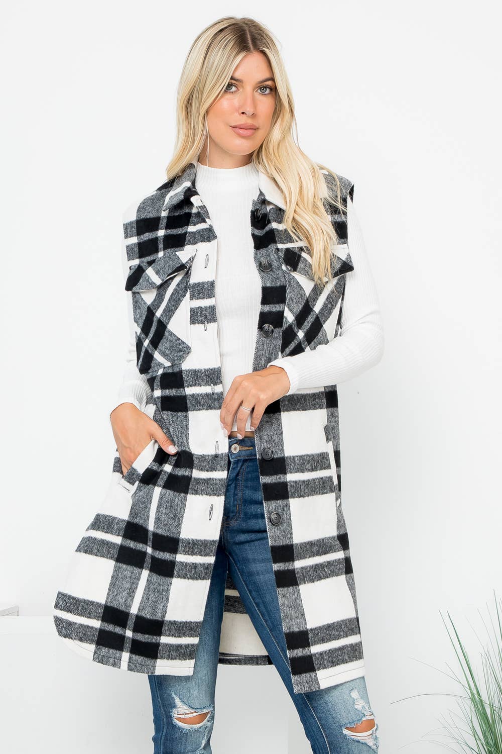 Wool Like Plaid Print Long Vest: Beige Off White