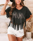 Black Leopard MAMA Fringed Hem Top