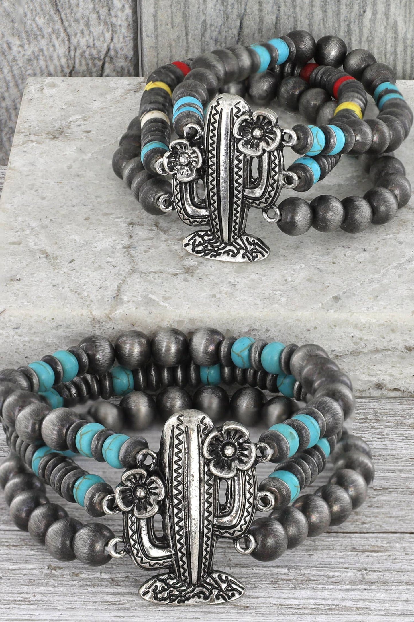 Western Blooming Cactus Charm 3 Layer Beaded Bracelet: Silver Turquoise