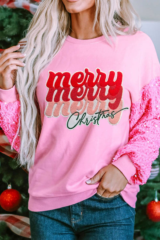 Merry Christmas Graphic Sequin Sleeve Top | S-XL: As shown / Missy / M