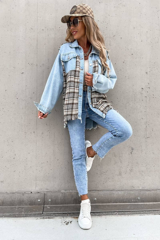 WOMEN DENIM PATCHWORK PLAID JACKET_CWJJ0050: LIGHTBLUE / (S) 1