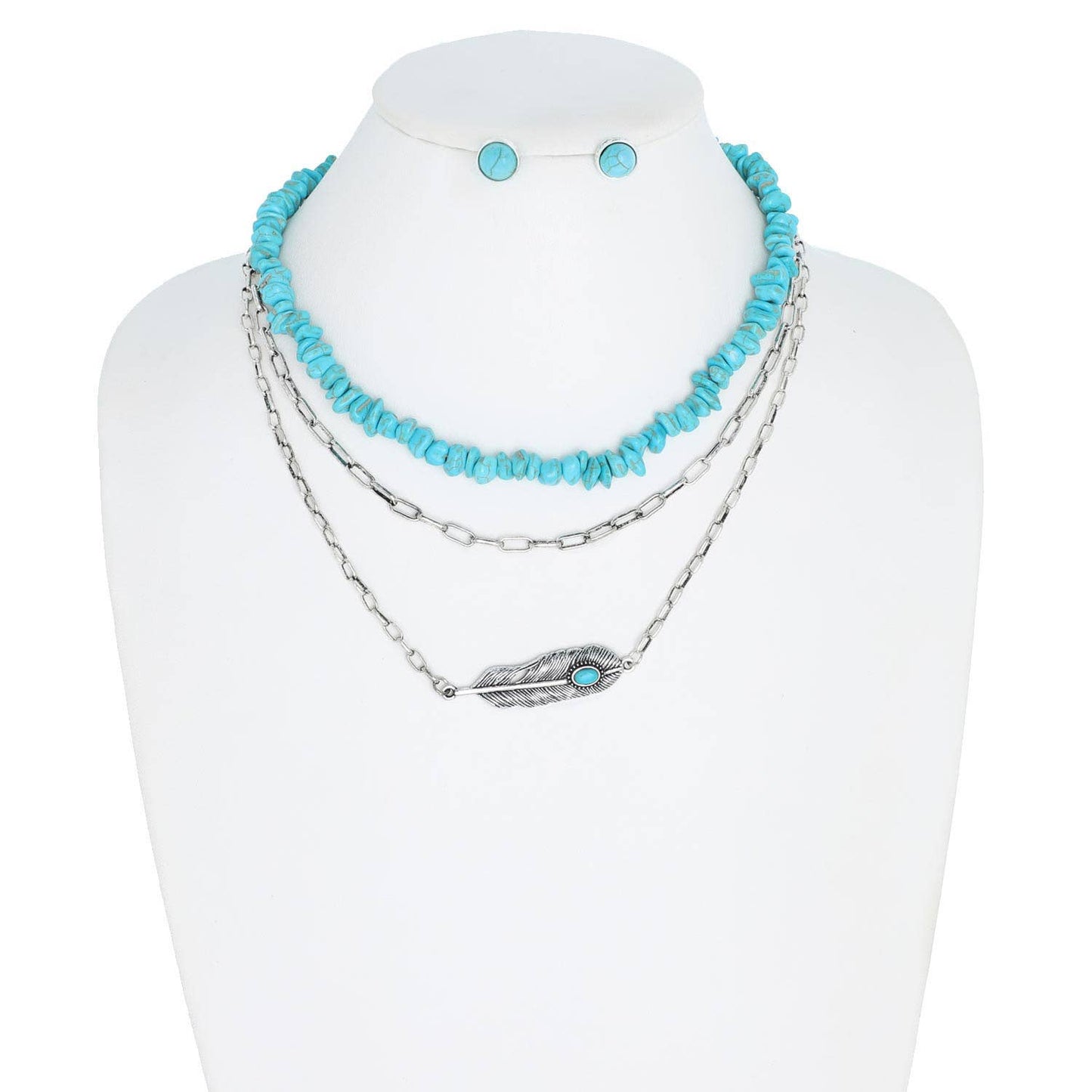 3 Row Semi Stone & Chain w/ Feather Pendant Necklace Set