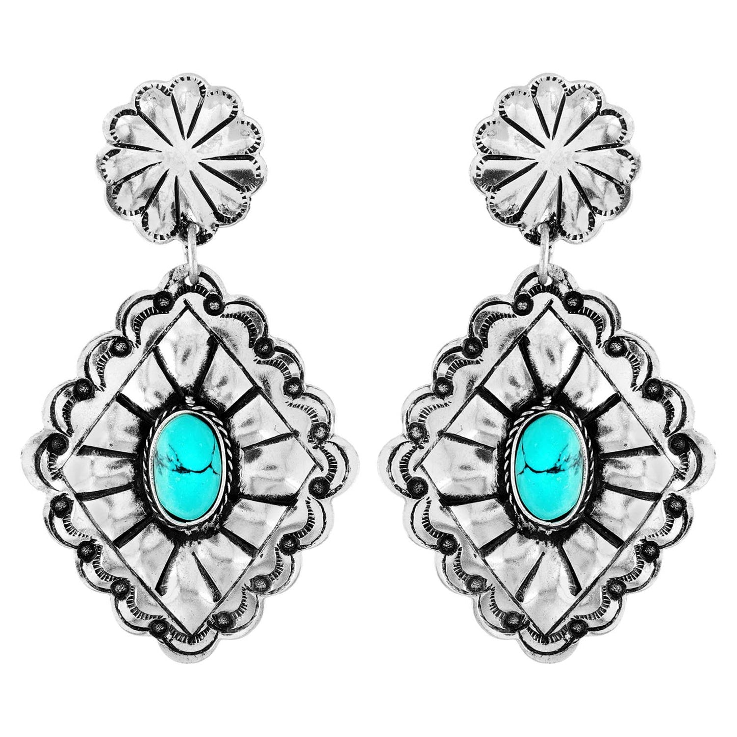 Turquoise Semi Stone Diamond Shaped Concho Dangle Earrings: Silver