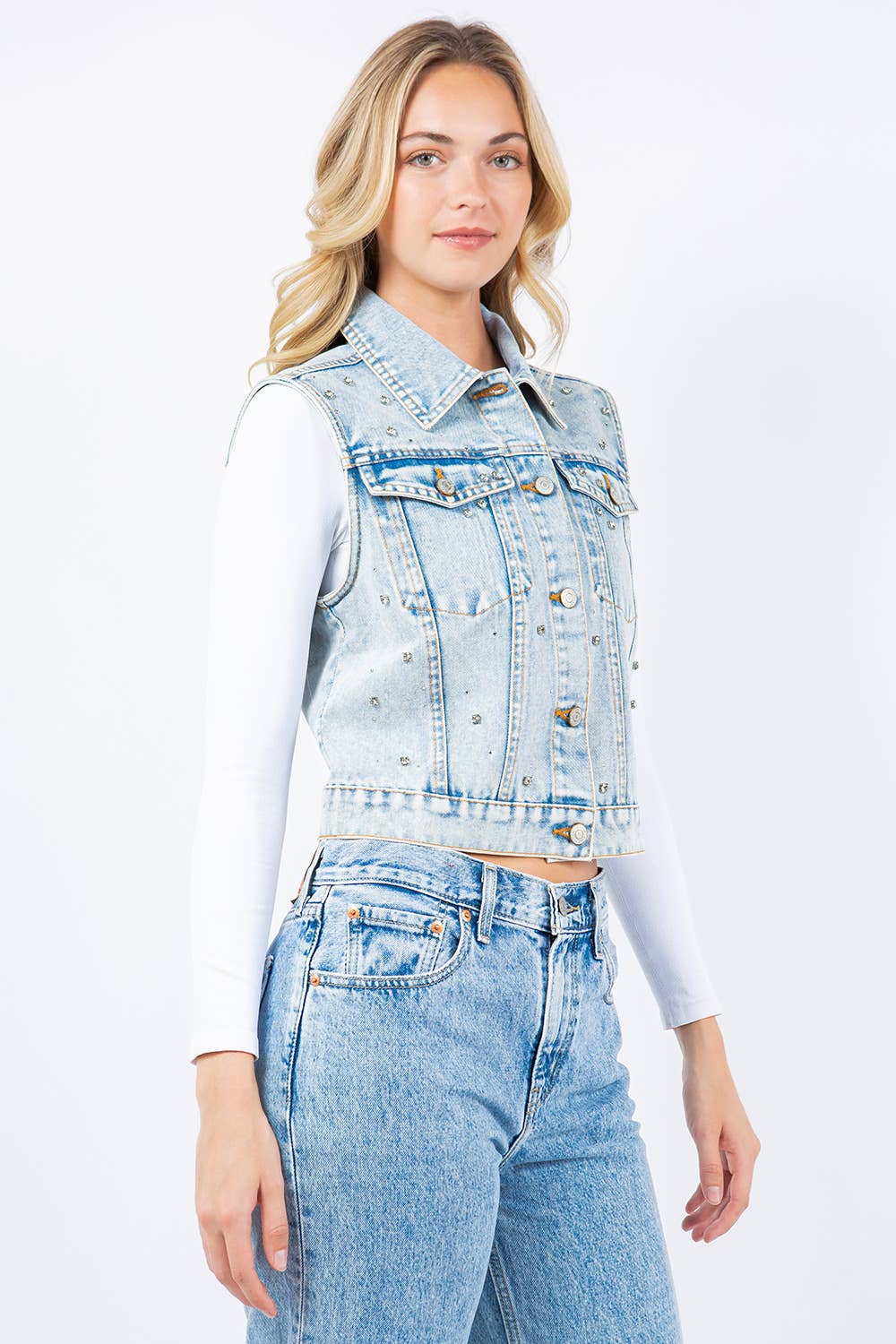 Iconic Denim Vest Jacket with Rhinestones: Black / L