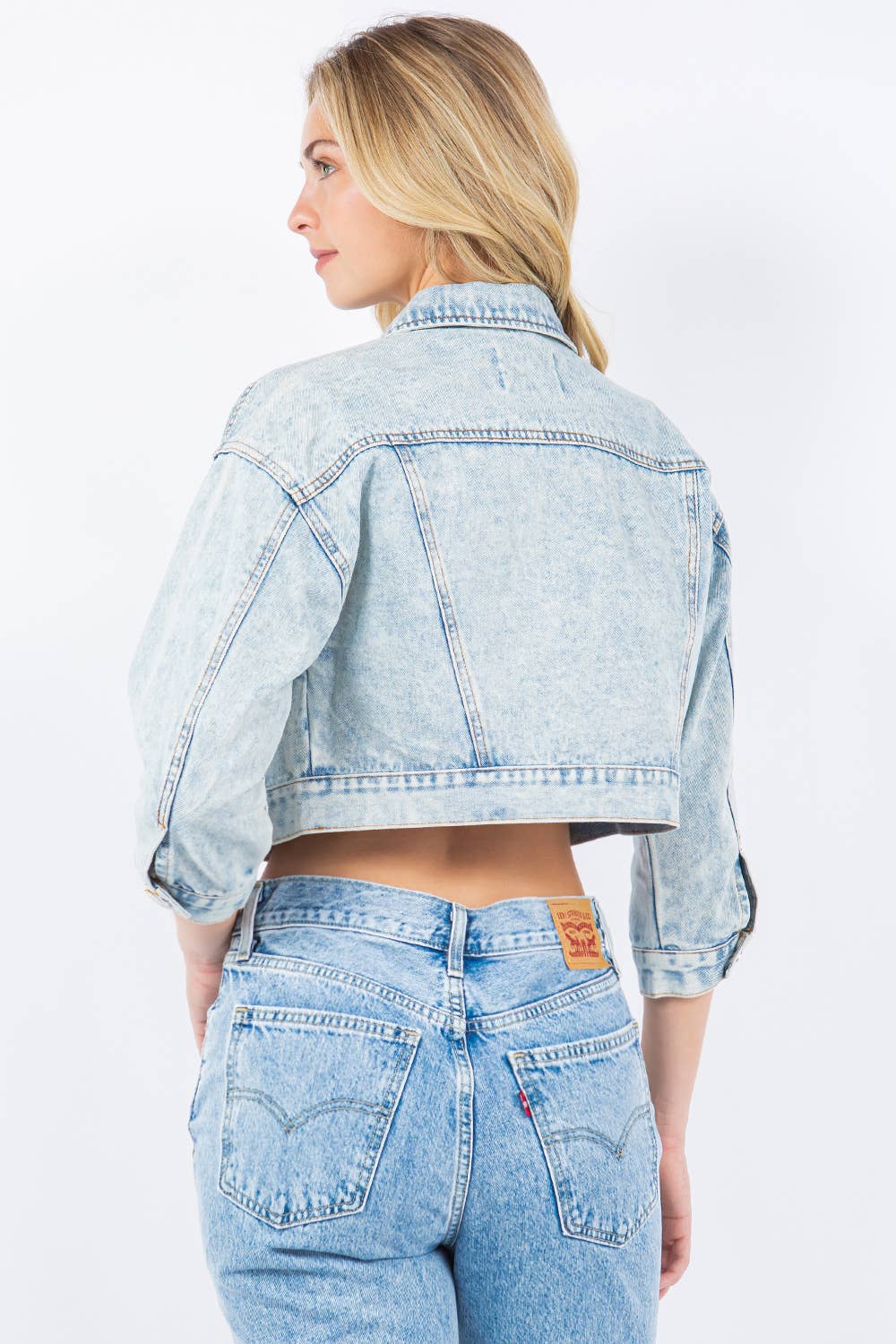 Rhinestone Crop Denim Jacket: Med Wash / S