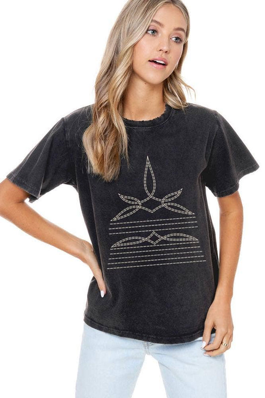 Western Cowboy Boots Toe Stitch #2 Graphic S/S Washed Tee: S / BLACK