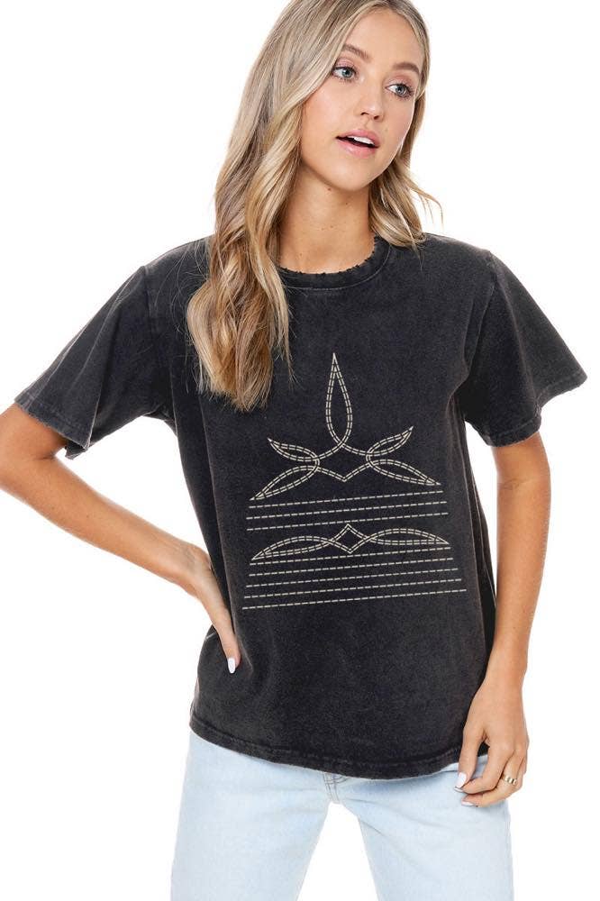 Western Cowboy Boots Toe Stitch #2 Graphic S/S Washed Tee: L / BLACK