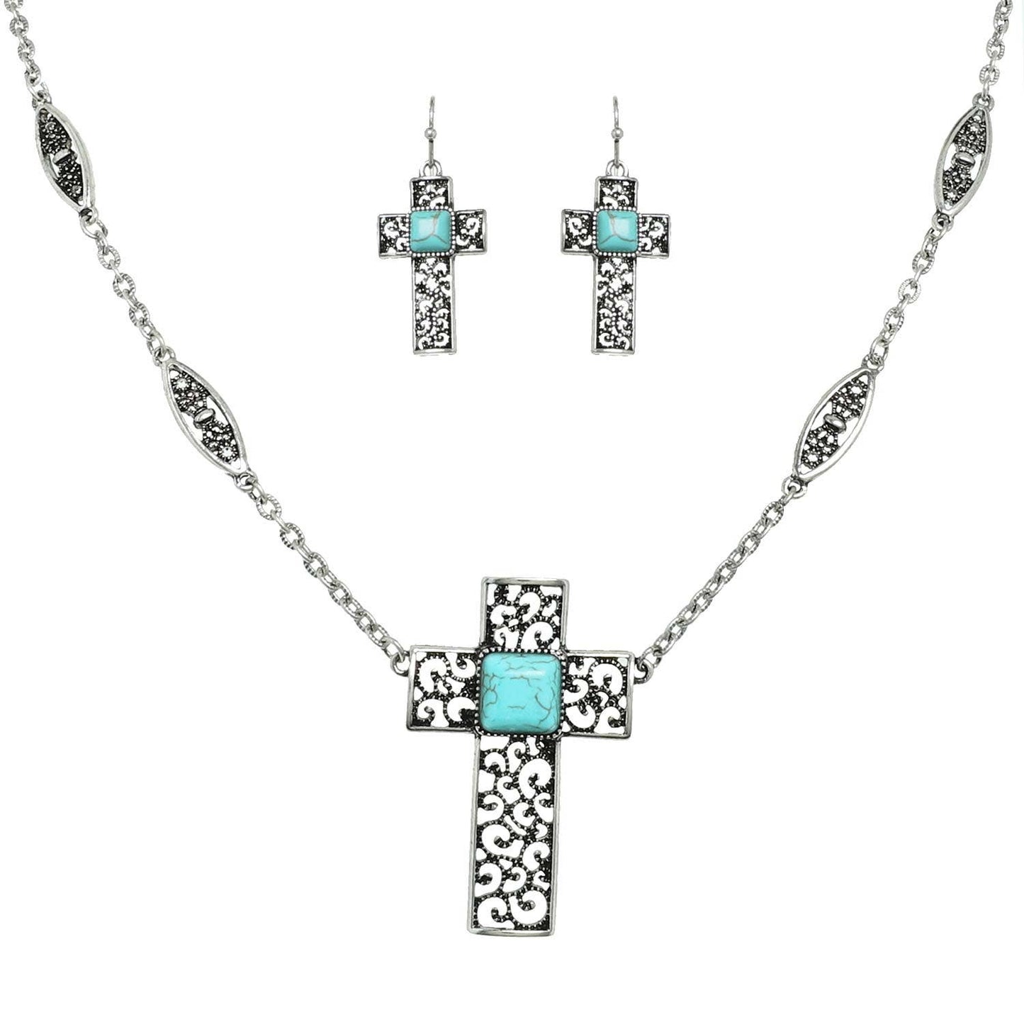 Western Turquoise Cross Filigree Necklace Set