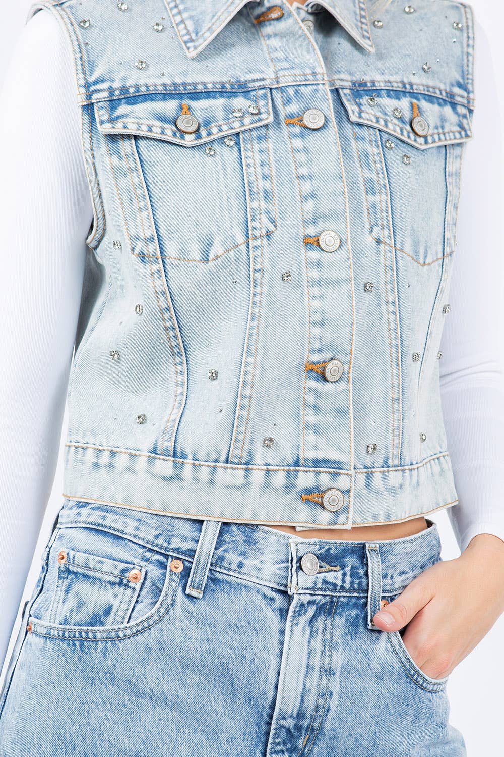 Iconic Denim Vest Jacket with Rhinestones: Black / L
