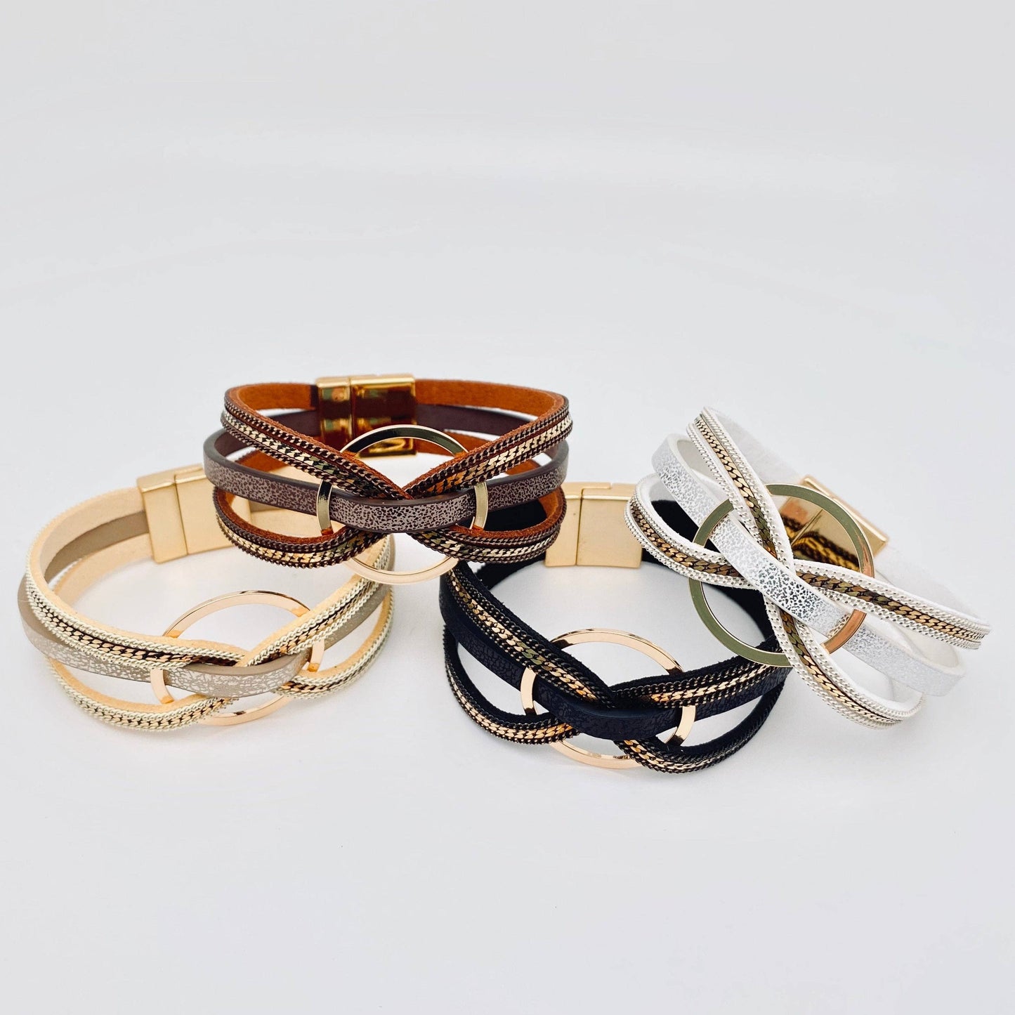 Magnetic Buckle Ring Charm Leather Bangle Bracelet - BJ/LB: Beige