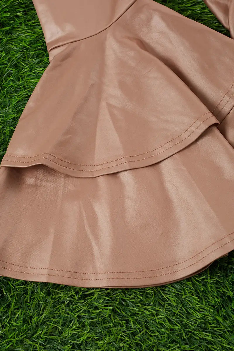 TAN FAUX LEATHER DOUBLE LAYER BELL PANTS.  XS