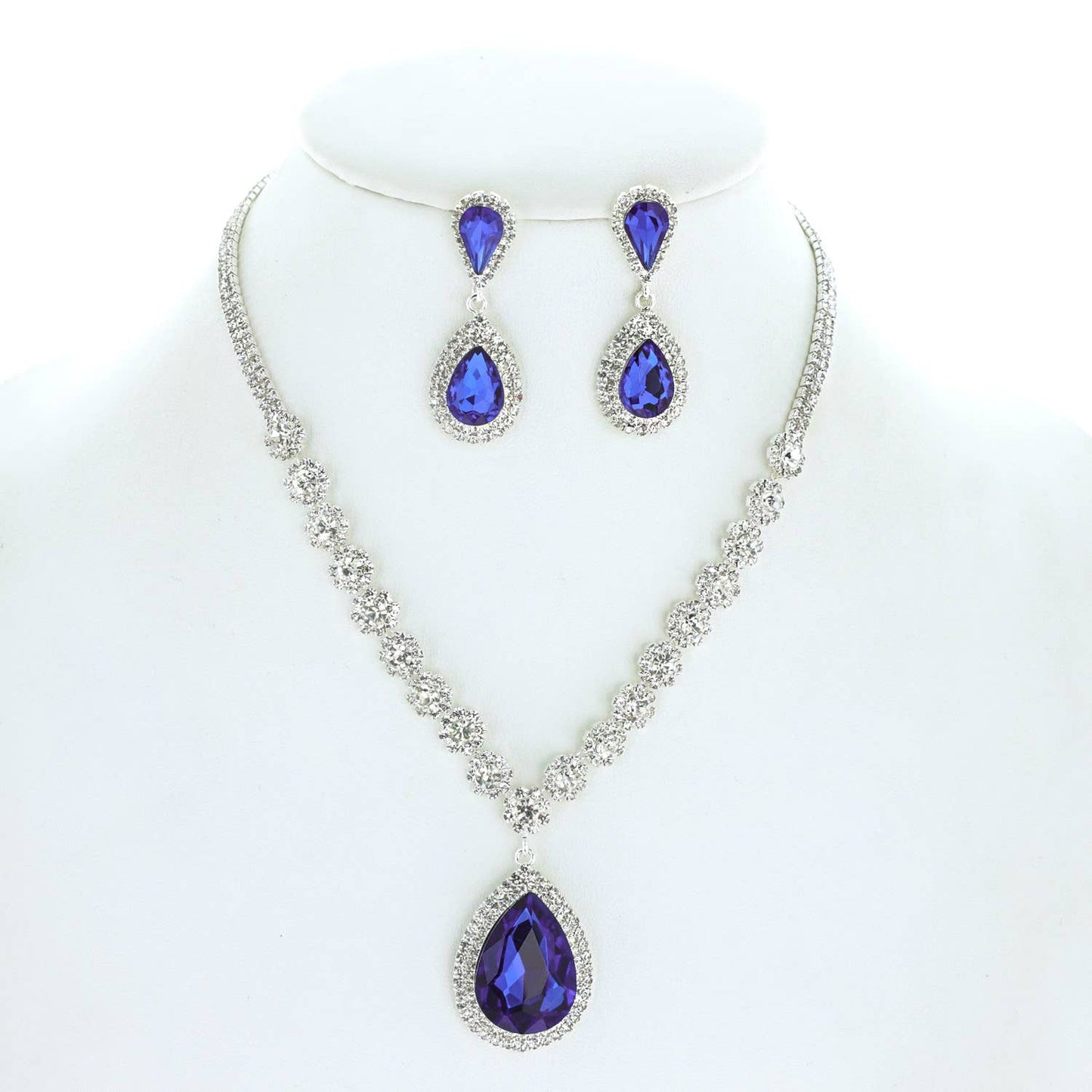 Large Rhinestone Teardrop Pendant Necklace & Earring Set: Gold Iridescent