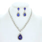Large Rhinestone Teardrop Pendant Necklace & Earring Set: Gold Iridescent