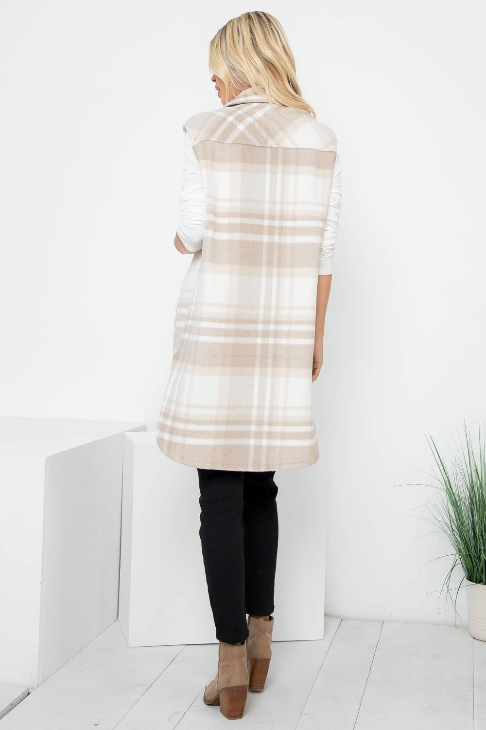 Wool Like Plaid Print Long Vest: Beige Off White