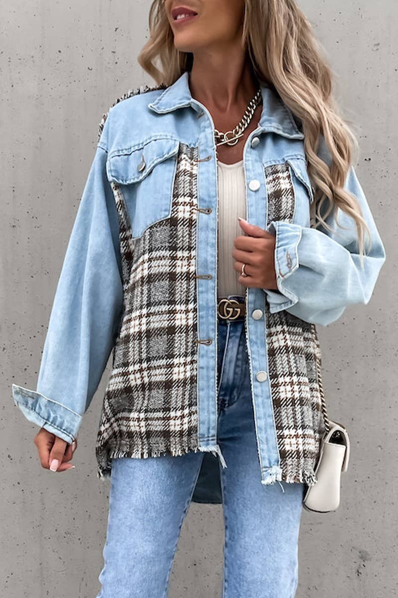 WOMEN DENIM PATCHWORK PLAID JACKET_CWJJ0050: LIGHTBLUE / (L) 1