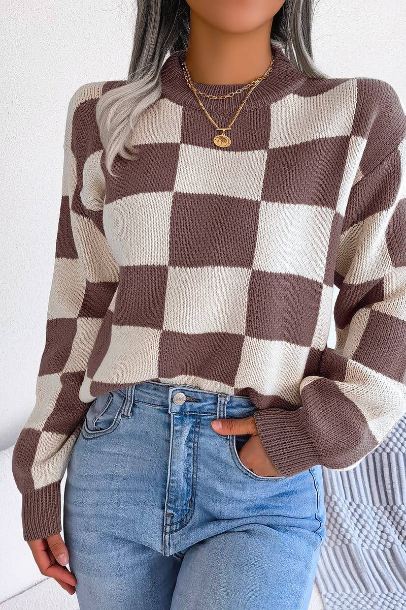 WOMEN PATCHWORK PATTERN LOOSE FIT KNITTED SWEATER_CWOSWL0435: Black / (S) 1