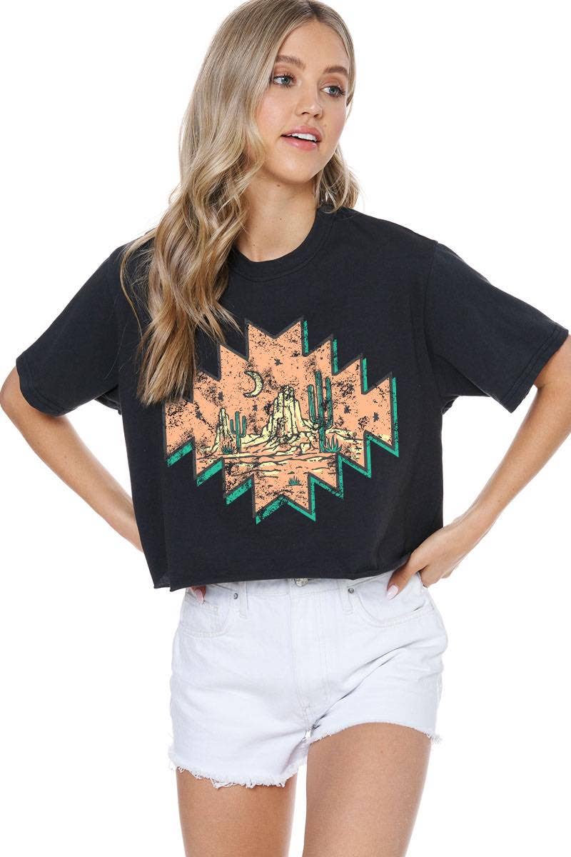 Rustic Desert Night Graphic S/S Faux Cropped Tee: S / BLACK