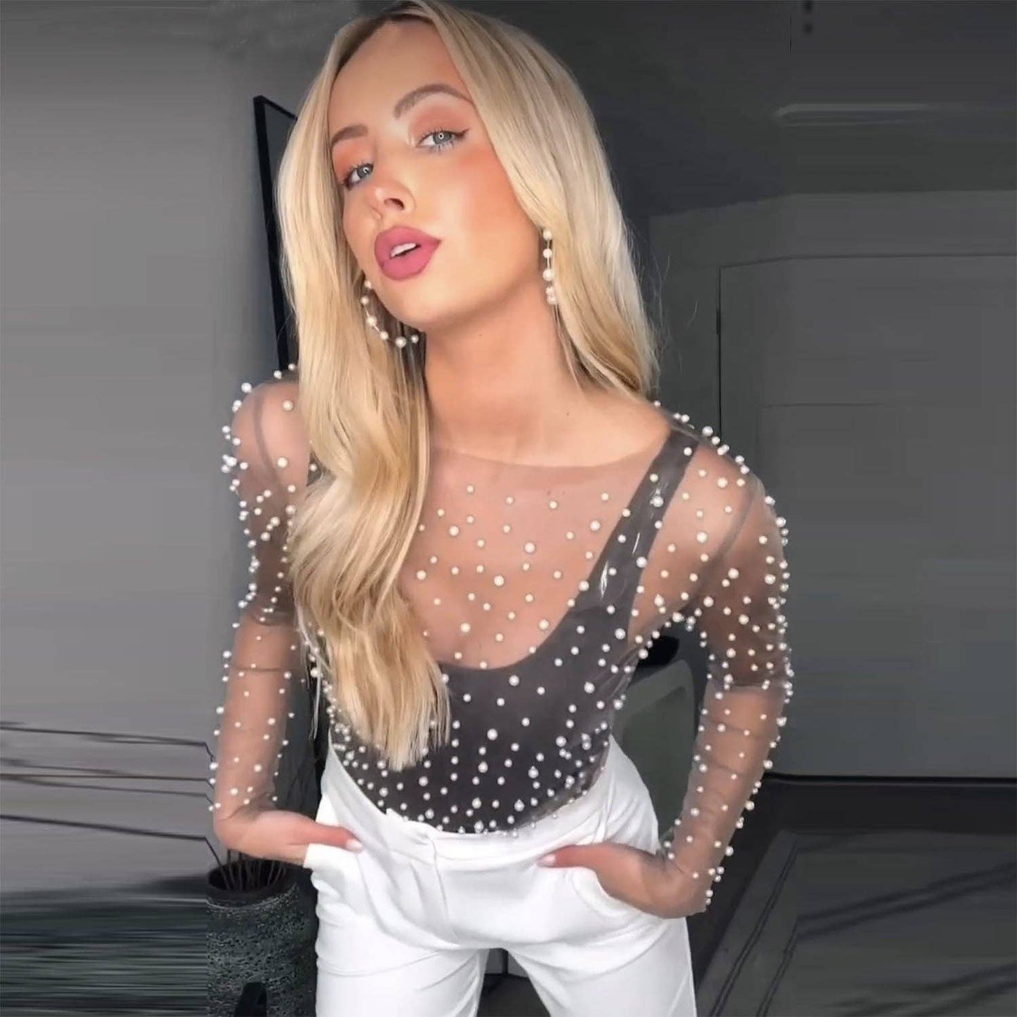 Sparkle Pearl Studded Sheer Mesh See Through Top (Black)