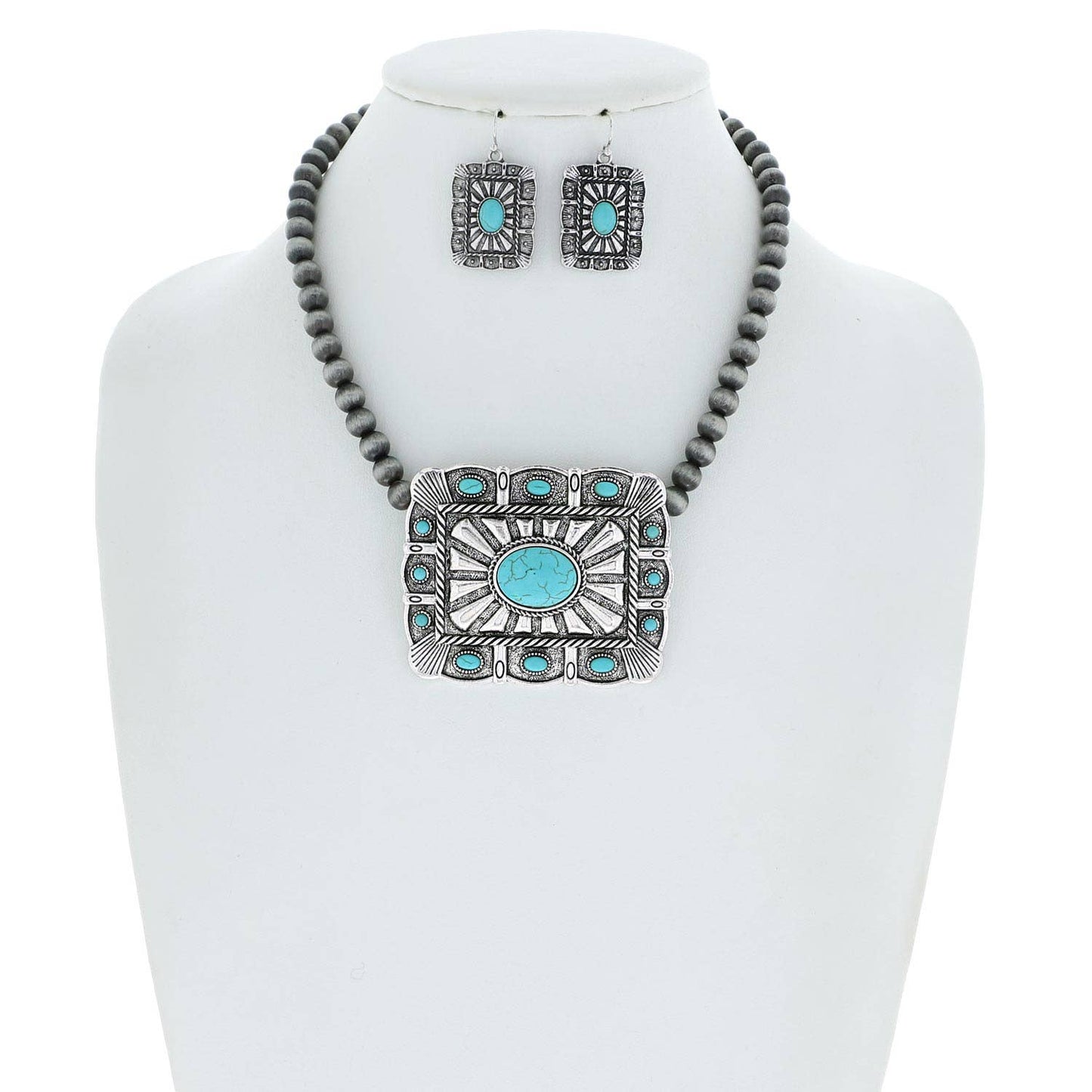 Turquoise Semi Stone Rectangle Concho Beaded Necklace Set