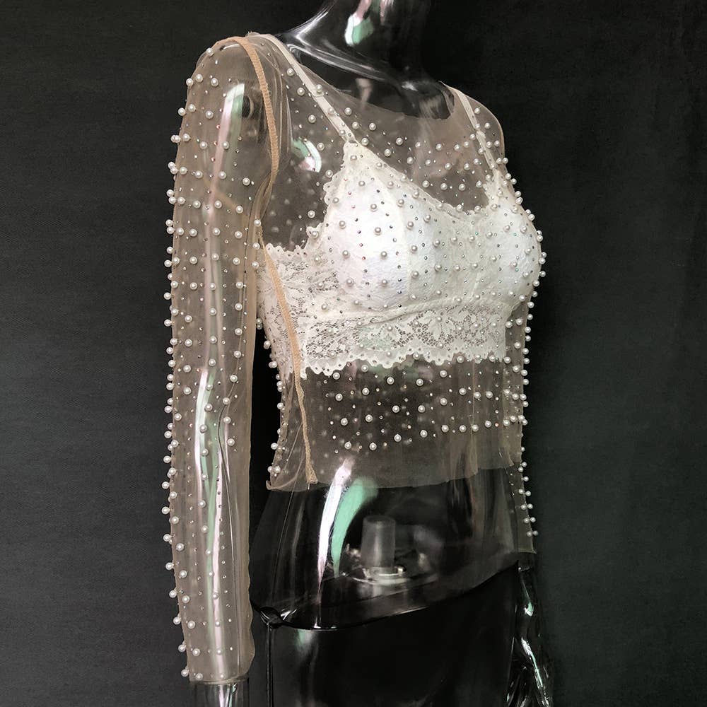 Pearl rhinestone studded sheer mesh see through T-shirt top: White / M