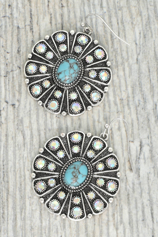 Western AB Rhinestone Turquoise Concho Earrings