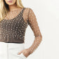 Sparkle Pearl Studded Sheer Mesh See Through Top (Black)