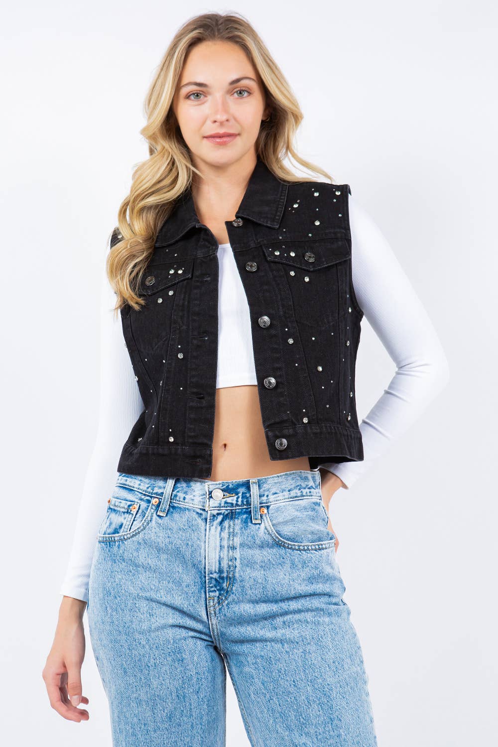 Iconic Denim Vest Jacket with Rhinestones: Black / L