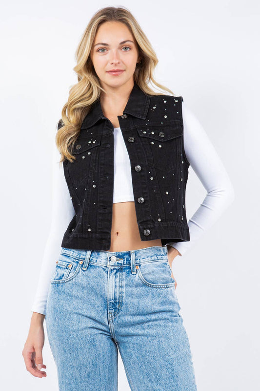 Iconic Denim Vest Jacket with Rhinestones: Black / L