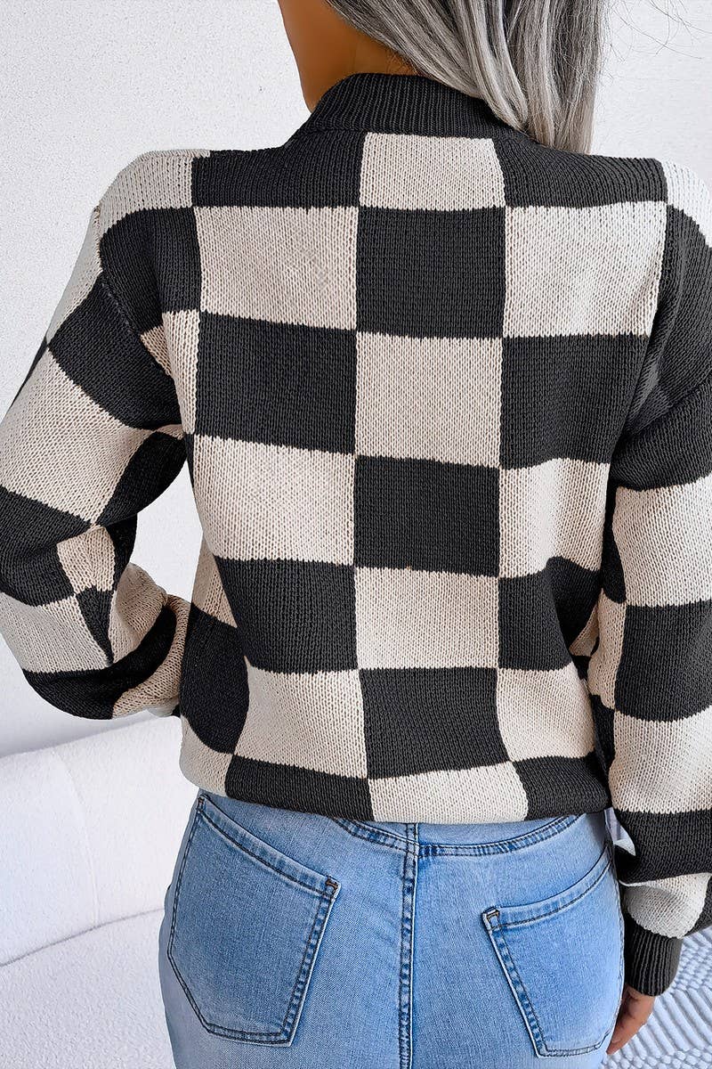 WOMEN PATCHWORK PATTERN LOOSE FIT KNITTED SWEATER_CWOSWL0435: Black / (L) 1