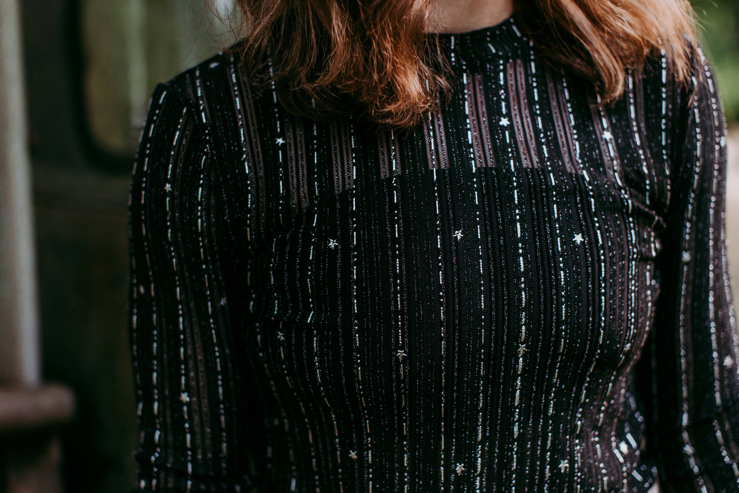 MK424 Night Fever Long Sleeve Foil Embellished Mesh Top - Silver: Black / M