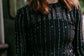MK424 Night Fever Long Sleeve Foil Embellished Mesh Top - Silver: Black / M