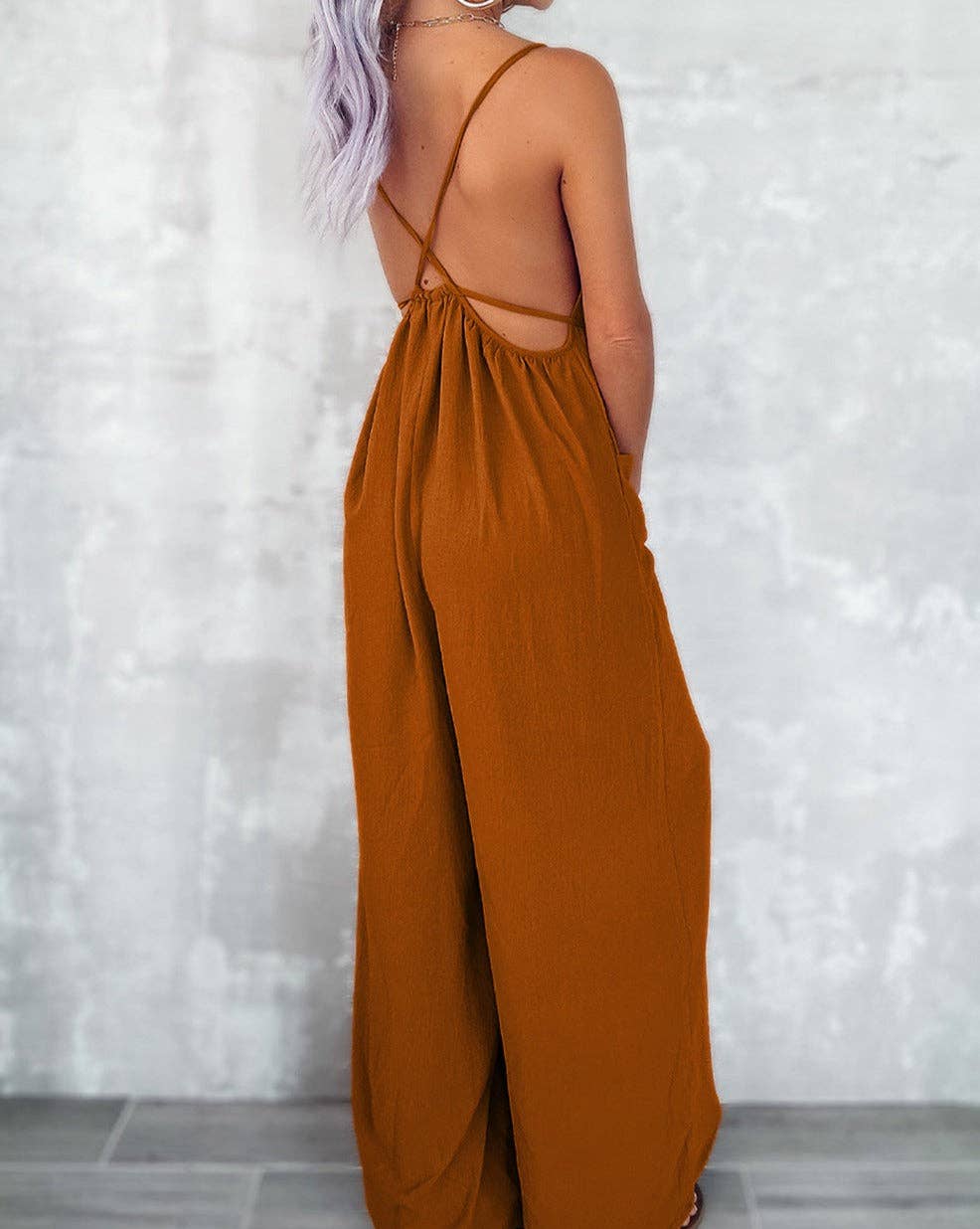 Waist Tie Wide Leg Jumpsuit: Chestnut / M