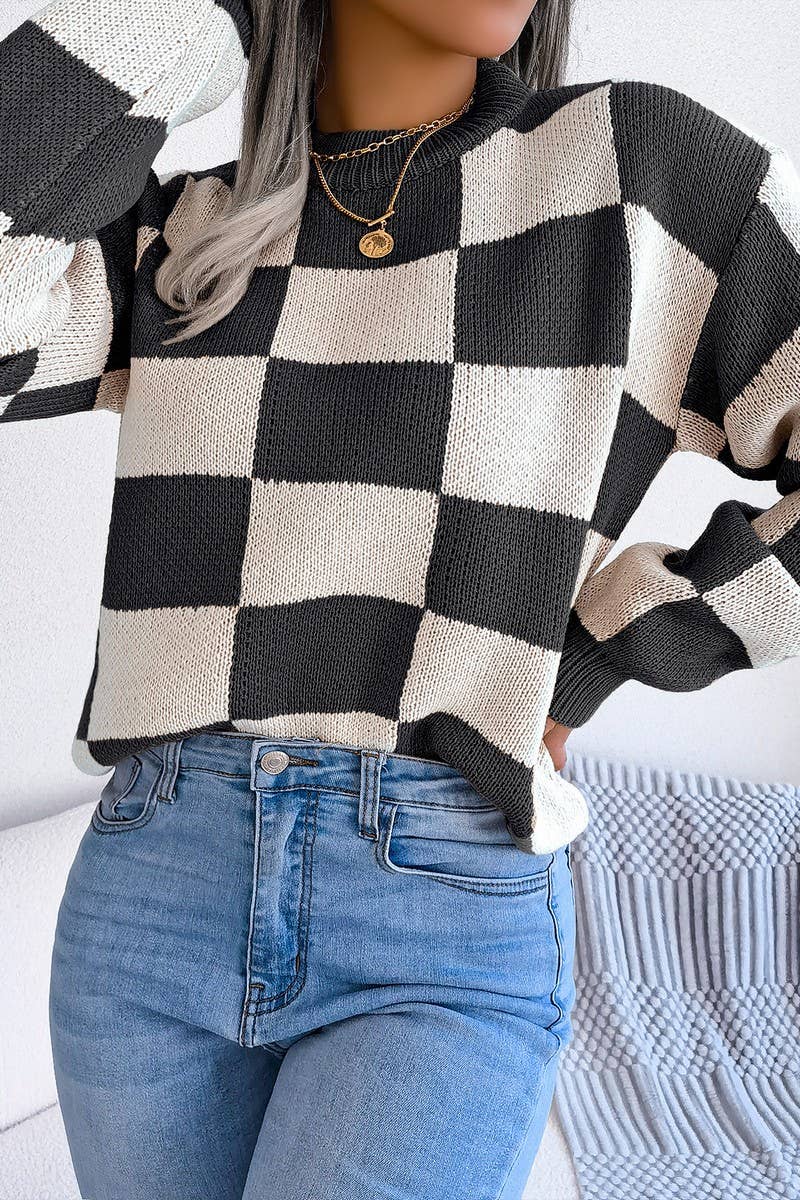 WOMEN PATCHWORK PATTERN LOOSE FIT KNITTED SWEATER_CWOSWL0435: Black / (S) 1