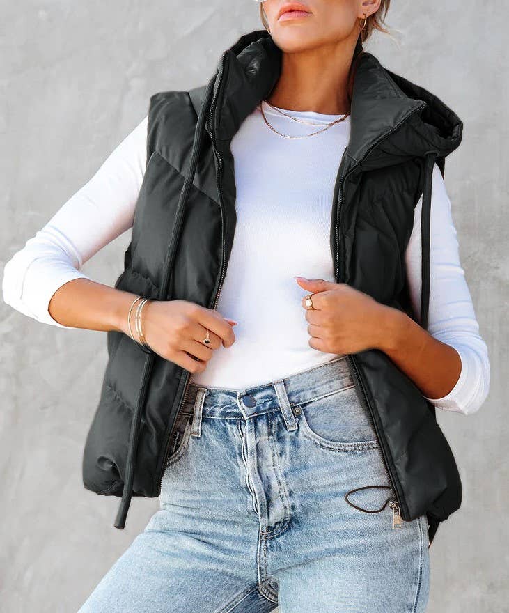 Hooded Puffer Double Slip Pocket Waistcoat: Camel