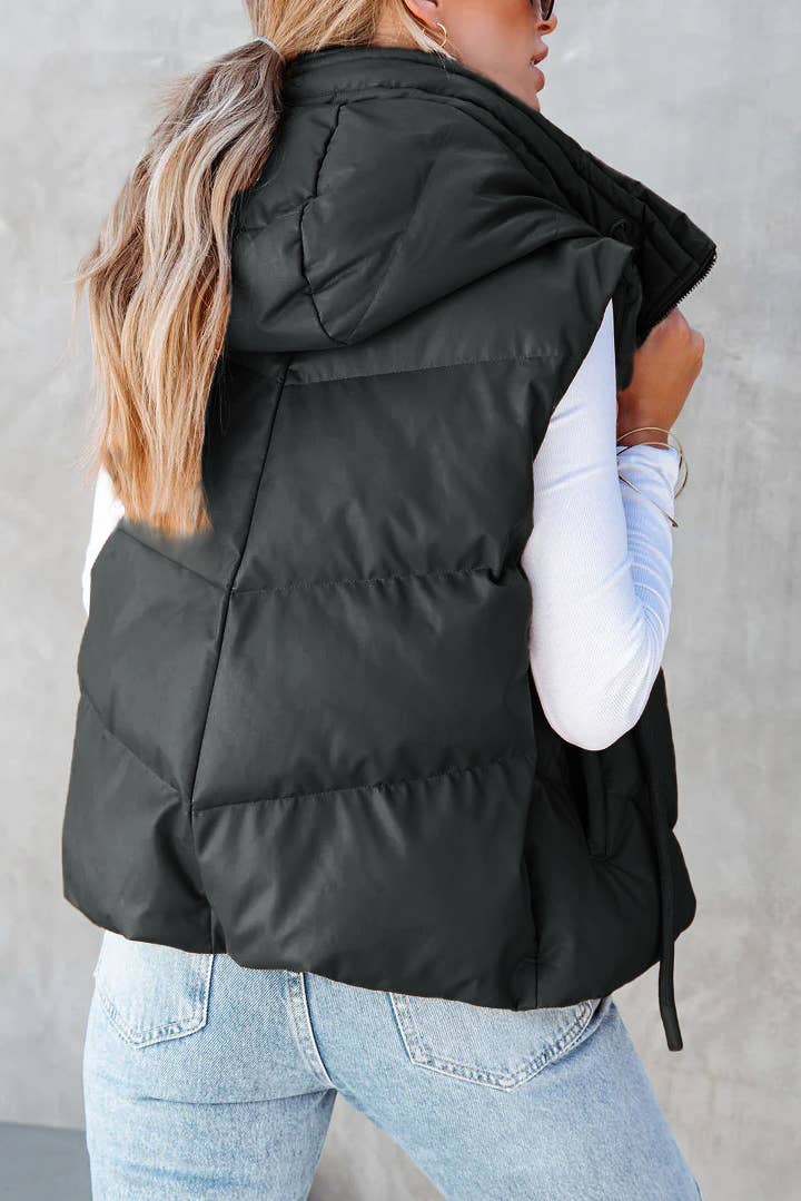 Hooded Puffer Double Slip Pocket Waistcoat: Camel