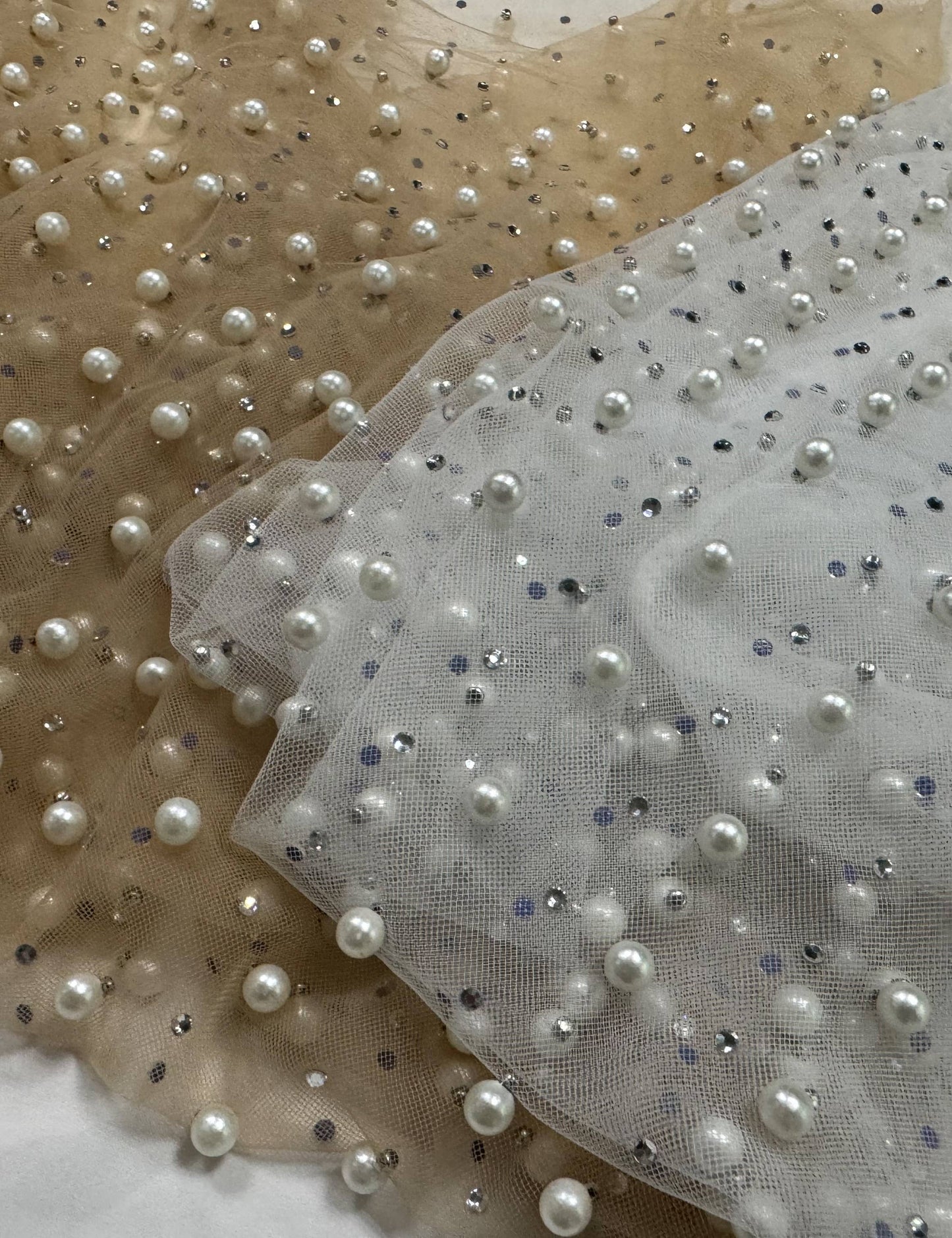 Pearl Rhinestone Studded See Through Mesh Crop Top (Black)