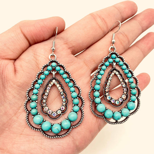 Rhinestone Turquoise Double-layer Drop Dangle Earrings - WJ