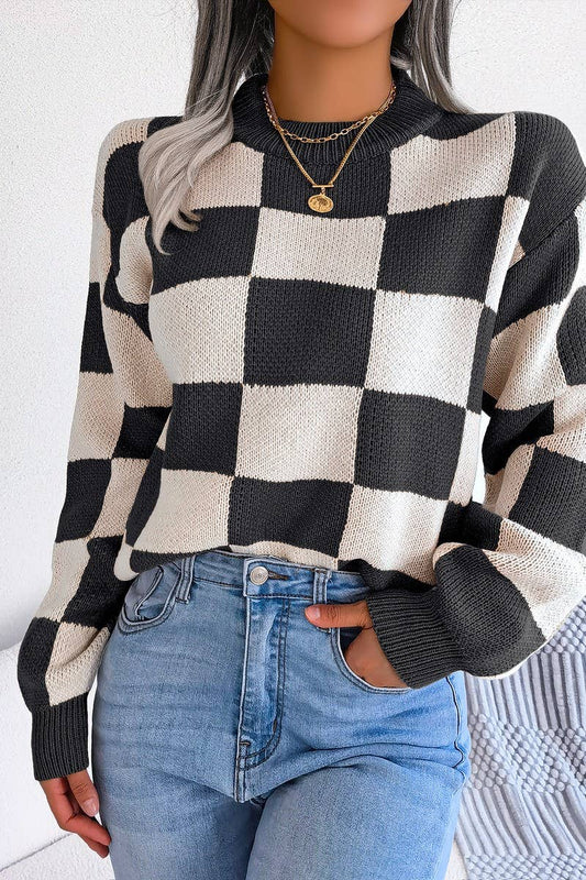 WOMEN PATCHWORK PATTERN LOOSE FIT KNITTED SWEATER_CWOSWL0435: Black / (L) 1