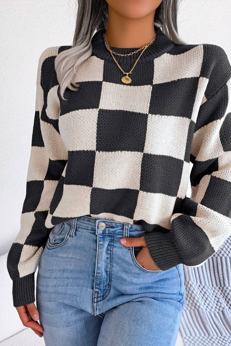 WOMEN PATCHWORK PATTERN LOOSE FIT KNITTED SWEATER_CWOSWL0435: Black / (M) 1