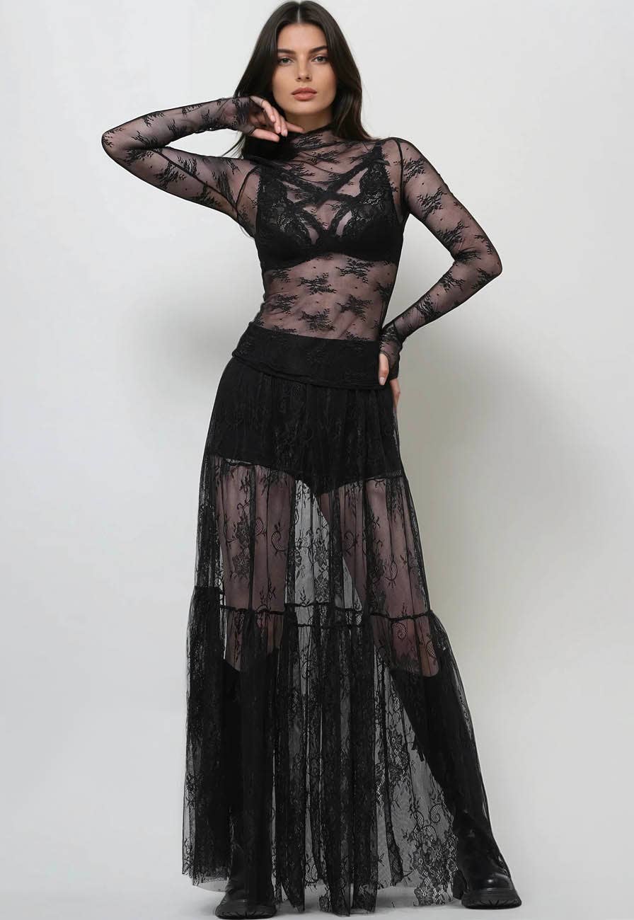 Lux Layering Floral Lace See Through Mesh Top Blouse (Lime Green)