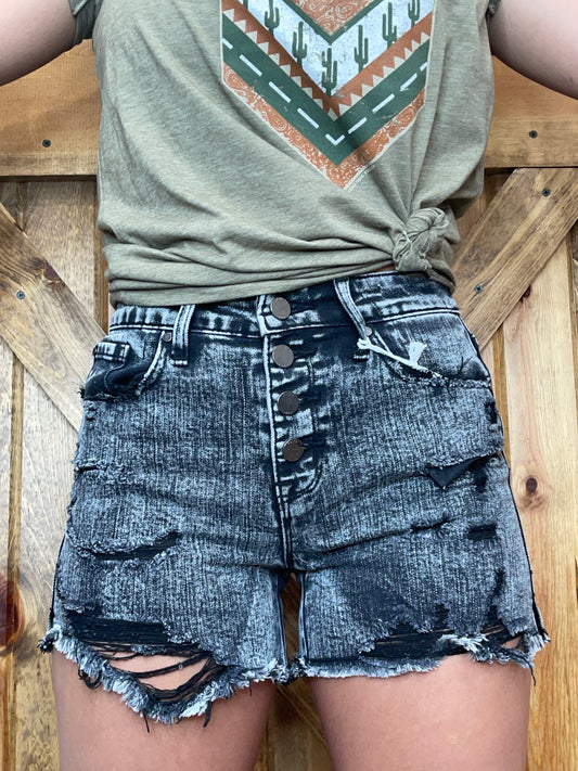 Distressed button up shorts