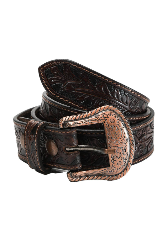 Tooled leather tone on tone adjustable belt