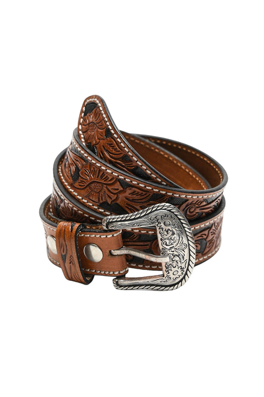 Tooled leather two tone adjustable belt